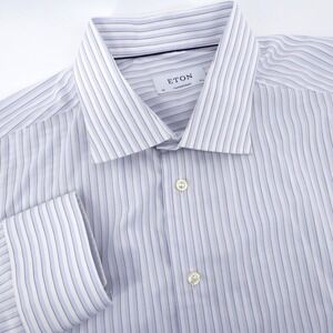 Eton Contemporary Fit Striped Dress Shirt Blue White Mens XL 17 3/4 Long Sleeve